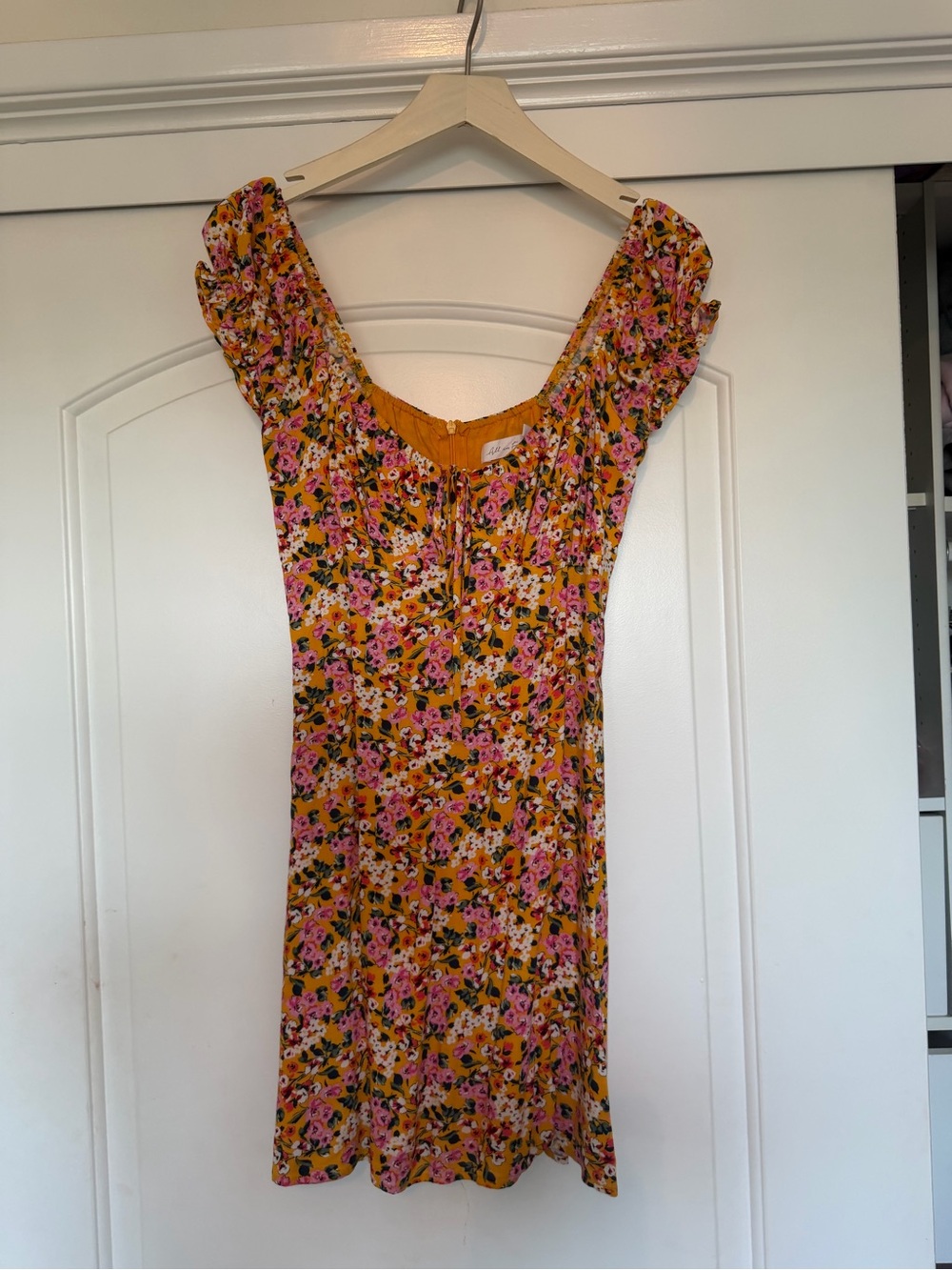 All in Favor Mustard Floral Tie-Front Sundress with Pink Accents